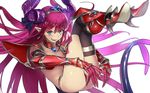  armor ass bikini_armor cape dragon_tail elizabeth_bathory_(brave)_(fate) elizabeth_bathory_(fate)_(all) fate/grand_order fate_(series) gauntlets horns long_hair nanbo_ataru_(attall) pauldrons pink_hair pointy_ears red_armor silver_trim smile solo tail tiara white_background 