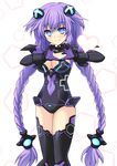  blue_eyes braid breasts cleavage cleavage_cutout cross_(crossryou) heart heart_hands leotard long_hair looking_at_viewer md5_mismatch medium_breasts neptune_(series) purple_hair purple_heart solo standing thighhighs twin_braids 