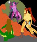  anthro big_breasts boots breasts brown_eyes brown_hair cloak clothed clothing female footwear green_hair hair huge_breasts julie kneeling lizard melee_weapon nude ponytail red_hair reptile samantha_brooks sarcolopter scalie sharon simple_background staff standing sword topless weapon yellow_eyes 