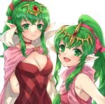  2girls boots cape chiki dress dual_persona fire_emblem fire_emblem:_kakusei fire_emblem:_monshou_no_nazo fire_emblem_heroes garter_straps gloves green_eyes green_hair hair_ornament jurge long_hair mamkute multiple_girls nintendo older pink_dress pointy_ears ponytail red_dress short_dress side_slit simple_background stone strapless strapless_dress thigh_boots thighhighs tiara 