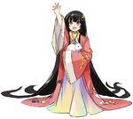 :d absurdly_long_hair animal arm_up bangs black_hair bunny commentary eyebrows eyebrows_visible_through_hair floral_print flower full_body hair_flower hair_ornament holding holding_animal houraisan_kaguya japanese_clothes karaori kimono layered_clothing layered_kimono long_hair long_sleeves lowres open_mouth print_kimono purple_eyes simple_background sleeves_past_fingers sleeves_past_wrists smile solo standing the_sealed_esoteric_history touhou very_long_hair white_background wide_sleeves younger 