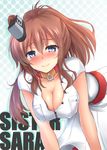  anchor blue_eyes blush breasts brown_hair cleavage closed_mouth commentary_request eyebrows eyebrows_visible_through_hair hair_between_eyes kantai_collection large_breasts long_hair looking_at_viewer piyobomu saratoga_(kantai_collection) short_sleeves solo 