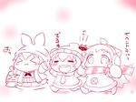  &gt;_&lt; :3 =_= animal_ears beanie bunny_ears chibi closed_eyes coat commentary_request earmuffs enemy_aircraft_(kantai_collection) hat horns kantai_collection long_hair mittens monochrome multiple_girls northern_ocean_hime open_clothes open_coat open_mouth outstretched_arms pleated_skirt rensouhou-chan sako_(bosscoffee) scarf shimakaze_(kantai_collection) short_hair sitting sitting_on_head sitting_on_person sketch skirt smile spread_arms translation_request winter_clothes winter_coat x3 yukikaze_(kantai_collection) 