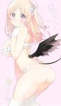  ass blonde_hair blush bra breasts demon_girl floral_background flower frilled_bra frills garter_belt gloves hair_flower hair_ornament highres horns large_breasts long_hair looking_at_viewer low_wings open_mouth panties pointy_ears purple_eyes ritta_(succubus-san) sino_(sionori) solo succubus succubus-san_no_hatsu_shigoto tail thighhighs thong two_side_up underwear white_bra white_gloves white_legwear white_panties wings 