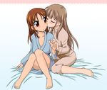  2girls atarashi_ako bare_legs barefoot bathrobe bottomless lesbian long_sleeves multiple_girls no_panties no_pants nude saki takakamo_shizuno 