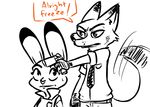  2016 anthro canine clothed clothing dialogue disney doing_it_wrong duo english_text female fox gun handgun holding_object holding_weapon holster humor inkyfrog judy_hopps lagomorph male mammal nick_wilde pistol police_uniform rabbit ranged_weapon restricted_palette simple_background standing text uniform weapon white_background zootopia 