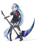  blue_hair gloves long_hair ominaeshi_(takenoko) original red_eyes scythe simple_background solo standing thighhighs 