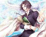  angel angel_wings book brown_hair cloud cross dr. feather halo kevin_cecil makai_ouji:_devils_and_realist necklace open_mouth outside purple_hair sky tagme wings 