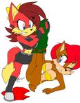  2015 akatsukishiranui-fox annoyed anthro belt big_breasts biped blue_eyes blush bra breasts brown_fur canine chipmunk cleavage clenched_teeth clothed clothing duo eyelashes female fiona_fox fox frown fur hair hi_res jeans mammal pants red_hair rodent sally_acorn sonic_(series) teeth underwear 