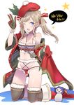  ;d alternate_costume bad_id bad_pixiv_id bare_shoulders beret blue_eyes boots breasts cape cucouroux_(granblue_fantasy) gloves granblue_fantasy grey_hair hat hood kneeling medium_breasts midriff one_eye_closed open_mouth panties smile solo tajima_ryuushi thighhighs twintails underwear v 