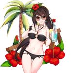  ass_visible_through_thighs bikini bird black_bikini bracelet braid breasts choker cowboy_shot deneb_(noble324) drink earrings flower glasses hair_flower hair_ornament hairclip halter_top halterneck hanasaki_tomoyo_(uchi_no_hime-sama) hibiscus holding jewelry large_breasts long_hair looking_at_viewer mole mole_on_breast navel o-ring o-ring_bikini o-ring_top official_art palm_tree parrot ponytail red_eyes scrunchie semi-rimless_eyewear solo sunglasses swimsuit thigh_gap transparent_background tree uchi_no_hime-sama_ga_ichiban_kawaii wrist_scrunchie 