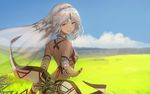  altera_(fate) back breasts cloud dark_skin day fate/extella fate/extra fate_(series) field grass looking_at_viewer looking_back nail_polish nanbo_ataru_(attall) outdoors outstretched_hand parted_lips red_eyes sky small_breasts smile solo strapless tubetop veil white_hair 