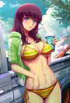  beach bikini cloud day drink drinking_straw green_jacket ground_vehicle haitaka highres jacket looking_at_viewer md5_mismatch motor_vehicle multicolored multicolored_stripes open_mouth original outdoors purple_eyes purple_hair side-tie_bikini sky solo starbucks striped striped_bikini surfboard swimsuit tree truck yellow_bikini 