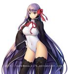  artist_name bb_(fate)_(all) bb_(fate/extra_ccc) black_coat black_legwear breasts coat covered_navel deviantart_username fate/extra fate/extra_ccc fate_(series) gloves hair_ornament hair_ribbon hips large_breasts leotard long_hair long_sleeves purple_eyes purple_hair red_ribbon ribbon simple_background solo thighhighs tsuki_no_same very_long_hair white_background white_gloves white_leotard 