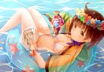  amicis_(amisic) bikini breasts brown_hair cleavage comic flower food front-tie_bikini front-tie_top head_wreath ice_cream innertube koutetsujou_no_kabaneri lying medium_breasts mumei_(kabaneri) on_back see-through short_hair side-tie_bikini smile solo summer swimsuit water white_bikini yellow_eyes 