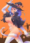  :d animal_ears arm_up bare_arms basket black_cape black_hat blue_eyes blue_hair blush bow breast_slip breasts cape cat_ears cat_tail choker collarbone cookie covered_nipples cowboy_shot cross elbow_gloves fangs felicia food gloves halloween hat hat_bow highres jack-o'-lantern large_breasts long_hair looking_at_viewer minakami_(flyingman555) navel nipples open_mouth orange_bow scarecrow silhouette skull_necklace slit_pupils smile solo stomach tail thighhighs tombstone vampire_(game) walking white_gloves white_legwear witch_hat 