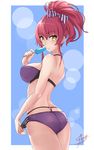  adjusting_clothes adjusting_swimsuit aori_sora ass bikini bow breasts cleavage flat_ass food from_behind hair_bow highres idolmaster idolmaster_cinderella_girls jougasaki_mika large_breasts lens_flare long_hair looking_at_viewer looking_back multi-strapped_bikini parted_lips pink_hair ponytail popsicle purple_bikini purple_bow sideboob signature solo striped striped_bow swimsuit yellow_eyes 