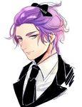  blue_eyes bow formal hair_bow kasen_kanesada lips male_focus necktie purple_hair smile solo suit touken_ranbu tyk_(mo_co0525) upper_body 