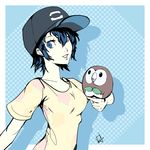  1girl animal bird blue_eyes blue_hair female hat male_protagonist_(pokemon_sm) male_protagonist_(pokemon_sm)_(cosplay) persona persona_4 pokemon pokemon_sm rowlet shirogane_naoto solo 