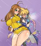  1boy 1girl azure_striker_gunvolt bangle beruzumi-m blush bottomless breast_grab breasts brown_hair green_eyes gunvolt large_breasts long_hair multicolored_hair nike_(gunvolt) sex 