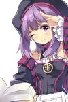  bare_shoulders blush book detached_sleeves fate/grand_order fate_(series) flat_chest hat helena_blavatsky_(fate/grand_order) highres looking_at_viewer normaland one_eye_closed purple_eyes purple_hair short_hair smile solo 
