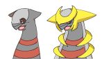  2018 ambiguous_gender angry before_and_after black_sclera feral giratina giratina_(altered_form) happy horn inukami_hikari legendary_pok&eacute;mon nintendo open_mouth pok&eacute;mon pok&eacute;mon_(species) red_eyes simple_background smile video_games white_background 