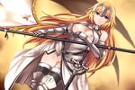  :| armor bangs bare_shoulders black_legwear blonde_hair blue_eyes breasts breasts_outside chain closed_mouth collar fate/apocrypha fate/grand_order fate_(series) faulds flag gauntlets greaves headpiece highres jeanne_d'arc_(fate) jeanne_d'arc_(fate)_(all) jitome long_hair looking_at_viewer medium_breasts nipples no_panties pussy sheath sheathed solo sword thighhighs tsurime weapon yoshimo 