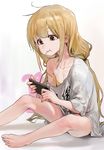  barefoot blonde_hair candy cellphone clothes_writing feet food futaba_anzu highres idolmaster idolmaster_cinderella_girls lollipop long_hair low_twintails mossi off_shoulder phone shirt smartphone solo strap_slip stuffed_animal stuffed_bunny stuffed_toy t-shirt twintails you_work_you_lose 