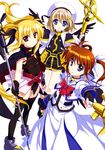  absurdres bardiche belt blonde_hair blue_eyes brown_hair cape closed_mouth fate_testarossa faulds fingerless_gloves fujima_takuya gloves hair_ornament hair_ribbon hairclip hat highres jacket juliet_sleeves long_hair long_skirt long_sleeves looking_at_viewer lyrical_nanoha magical_girl mahou_shoujo_lyrical_nanoha mahou_shoujo_lyrical_nanoha_a's multiple_girls official_art open_mouth outstretched_arm puffy_sleeves purple_eyes raising_heart red_eyes ribbon scan schwertkreuz skirt staff standing takamachi_nanoha thighhighs twintails unison very_long_hair waist_cape x_hair_ornament yagami_hayate 