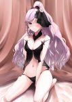  1girl absurdres bare_shoulders blush braid breasts fire_emblem fire_emblem:_kakusei fire_emblem_heroes hairband highres lingerie long_hair looking_at_viewer navel nintendo olivia_(fire_emblem) pink_eyes pink_hair ponytail simple_background skeptycally smile solo twin_braids underwear 