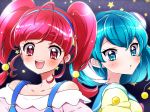  2girls :d :o ahoge blue_eyes blue_hair blush collarbone commentary_request eyebrows_visible_through_hair hagoromo_lala hair_bobbles hair_ornament hoshina_hikaru kagami_chihiro looking_at_viewer multiple_girls open_mouth precure red_eyes red_hair short_hair smile star star-shaped_pupils star_twinkle_precure starry_background symbol-shaped_pupils twintails upper_body 