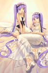  arm_support ass bare_shoulders bed_sheet breasts capelet choker cleavage collarbone dress euryale fate/grand_order fate/hollow_ataraxia fate_(series) frills hair_ribbon hairband jewelry lolita_hairband long_hair lying multiple_girls open_mouth purple_eyes purple_hair ribbon sandals see-through siblings sisters sitting small_breasts smile stheno teeth thong toes tsukikanade twins twintails v_arms wariza white_dress 
