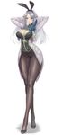  animal_ears arms_behind_head black_footwear blue_eyes blue_feathers blue_flower blue_rose breasts brooch bunny_ears cleavage cravat damegane downscaled flower full_body green_ribbon high_heels highres jewelry lace large_breasts legs long_hair md5_mismatch original pantyhose resized ribbon rose silver_hair simple_background smile solo thick_thighs thighs white_background white_coat 