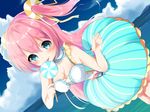  1girl bare_shoulders breasts candy child cleavage cloud day dutch_angle food hair_ornament hair_ribbon holding licking lollipop long_hair nufucha original outdoors pink_eyes pink_hair ribbon shiny shiny_hair sky solo tongue tongue_out 