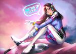  acronym animal_print artstation_sample bodysuit boots bracer breasts brown_eyes brown_hair bunny_print clothes_writing cloud cloudy_sky d.va_(overwatch) doritos eyelashes facepaint facial_mark gloves head_tilt headphones image_sample knees_up long_hair long_sleeves mecha medium_breasts meka_(overwatch) mouth_hold nerf_this overwatch pauldrons pilot_suit ribbed_bodysuit shoulder_pads signature sijumon sitting skin_tight sky solo thigh_boots thighhighs turtleneck v whisker_markings white_footwear white_gloves 
