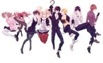  4girls akechi_gorou amamiya_ren black_gloves black_hair black_legwear blonde_hair brown_eyes brown_hair cat closed_eyes glasses gloves headphones highres jacket kitagawa_yuusuke long_hair morgana_(persona_5) multiple_boys multiple_girls niijima_makoto off_shoulder okumura_haru pantyhose persona persona_5 pink_hair purple_eyes purple_hair red_eyes red_legwear sakamoto_ryuuji sakura_futaba sara666 shoes short_hair shorts shuujin_academy_uniform simple_background smile sneakers takamaki_anne thighhighs twintails white_background 