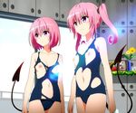  2girls black_school_swimsuit black_swimsuit breasts character_request closed_mouth collarbone demon_tail flower kitchen multiple_girls navel nipples pink_hair purple_eyes school_swimsuit short_hair siblings sisters standing swimsuit tail to_love-ru torn_clothes twintails 