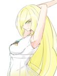  armpits bare_arms blonde_hair breasts closed_mouth dress empty_eyes gem green_eyes hair_over_one_eye highres long_hair lusamine_(pokemon) medium_breasts pokemon pokemon_(game) pokemon_sm profile simple_background smile solo tsunakanten upper_body very_long_hair white_background white_dress 