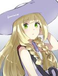  blonde_hair braid green_eyes hat lillie_(pokemon) long_hair pokemon pokemon_(game) pokemon_sm solo somechime_(sometime1209) sun_hat twin_braids 