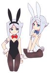  1girl artist_name bare_shoulders blue_hair bow bowtie bunny_tail bunnysuit character_sheet child closed_mouth cropped_legs cufflinks fake_animal_ears female future_card_buddyfight leotard moyori shiny shiny_clothes simple_background sitting sofia_sakharov solo standing white_background 