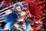  1girl belt blue_hair breasts brown_eyes chains coat large_breasts long_hair navel open_mouth short_shorts shorts tales_of_(series) tales_of_berseria torn_clothes underboob velvet_crowe very_long_hair 