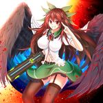  &gt;:) arm_cannon bird_wings black_legwear black_wings bow breasts brown_hair cowboy_shot damao_yu dress_shirt feathered_wings frilled_shirt_collar frills garter_straps green_bow green_skirt grin hair_bow highres large_breasts long_hair looking_at_viewer miniskirt navel puffy_short_sleeves puffy_sleeves radiation_symbol red_eyes reiuji_utsuho salute shirt short_sleeves sidelocks skirt smile solo thighhighs third_eye touhou two-finger_salute v-shaped_eyebrows very_long_hair weapon white_shirt wings 