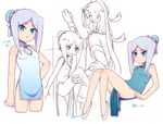  1boy 1girl artist_name bare_shoulders blue_hair character_request character_sheet china_dress cropped_legs dress eyes_closed flat_chest future_card_buddyfight leg_lift long_hair looking_at_viewer moyori open_mouth partially_colored short_hair sitting sofia_sakharov standing white_background 