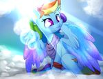  blue_feathers blue_fur cutie_mark detailed_background equine eyelashes feathered_wings feathers female feral friendship_is_magic fur hair hooves madacon mammal multicolored_hair my_little_pony pegasus rainbow_dash_(mlp) rainbow_hair sitting smile solo sun sunlight wings 