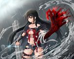  1girl armor belt black_hair breasts chains choker coat navel open_mouth rain short_shorts shorts tales_of_(series) tales_of_berseria torn_clothes underboob velvet_crowe very_long_hair water yellow_eyes 