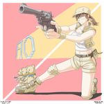  aiming artist_request baseball_cap belt boots breasts brown_eyes brown_hair fio_germi foreshortening glasses gloves gun handgun hat metal_slug midriff military navel one_eye_closed one_knee ponytail shorts solo stuffed_animal stuffed_toy teddy_bear trigger_discipline weapon 