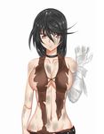  1girl bare_shoulders belt black_hair breasts brown_eyes choker cleavage large_breasts long_hair navel sideboob tales_of_(series) tales_of_berseria torn_clothes velvet_crowe 