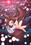  animal_ears bamboo bamboo_forest brooch brown_hair bullet dress fang fingernails forest imaizumi_kagerou jewelry long_fingernails long_sleeves nail_polish nature red_eyes red_nails solo tail torii_(kedamatori) touhou wide_sleeves wolf_ears wolf_tail 