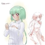  bob_cut emerald_sustrai green_hair highres iesupa meme_attire multiple_views open-chest_sweater pink_eyes rwby short_hair_with_long_locks smile sweater 