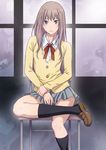  aqua_eyes black_legwear bow brown_hair covering covering_crotch days_(manga) kneehighs loafers long_hair miniskirt nanno_koto school_uniform serafuku shoes silver_hair sitting skirt solo ubukata_chikako 